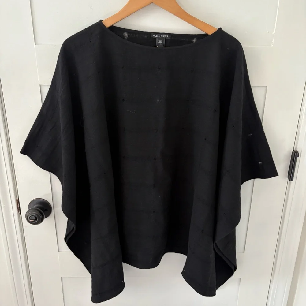Eileen Fisher Wool Gauze Grid Poncho Black. One Size. - Picture 4 of 12